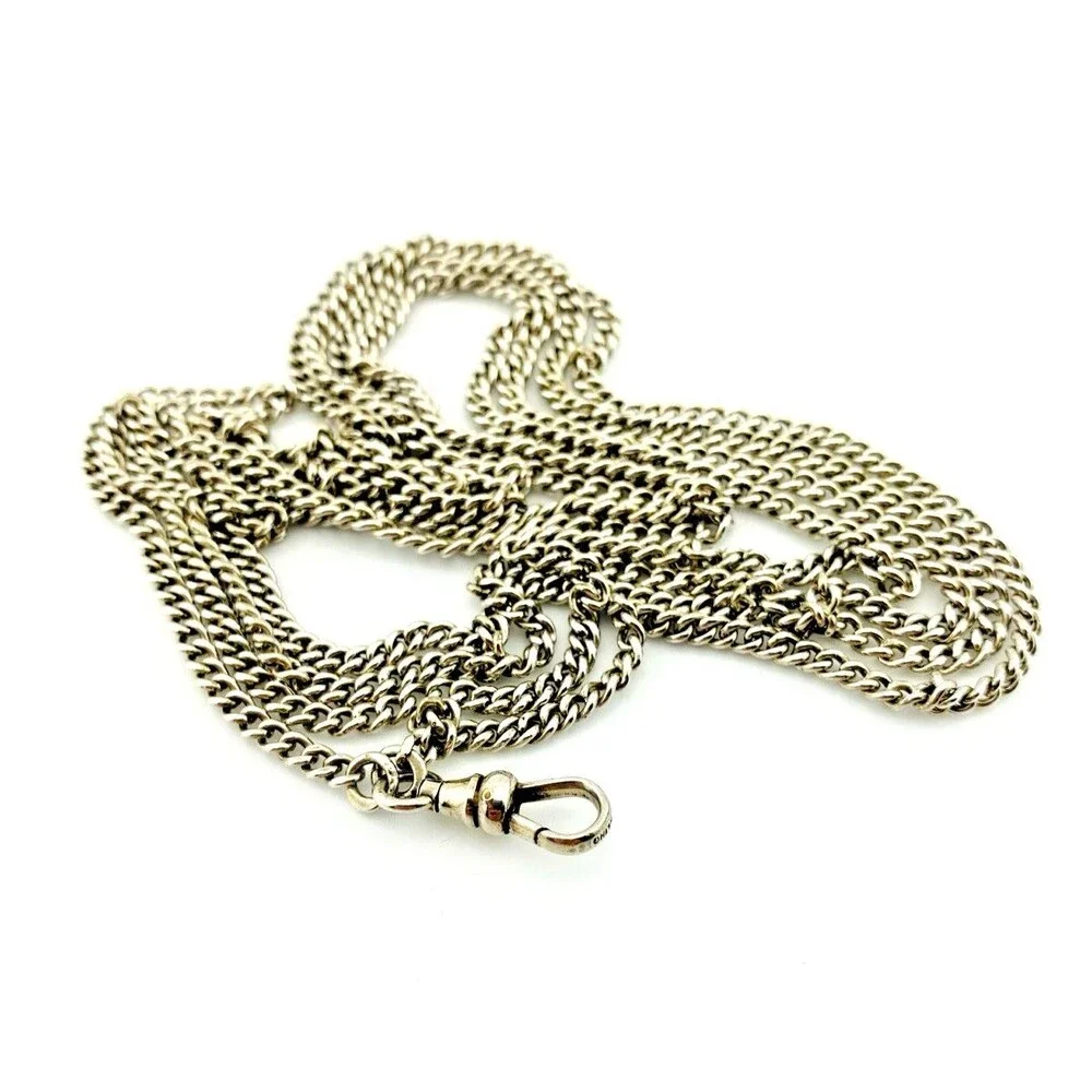 Vintage Sterling Silver 63 Inch Long Guard Watch Chain Dog Clip 40.4g